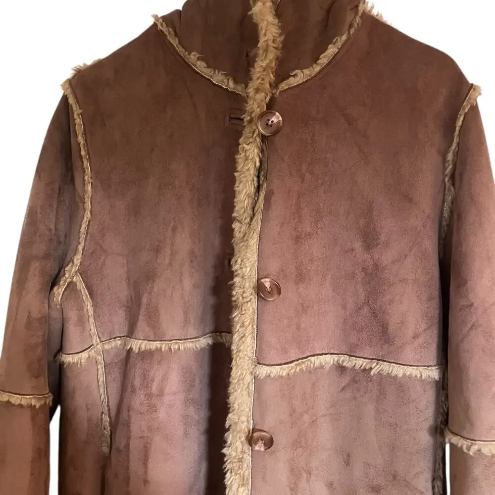 Vintage Y2K Gallery Tan Suede Sherpa Penny Lane Trench Coat-size Small - Picture 9 of 15